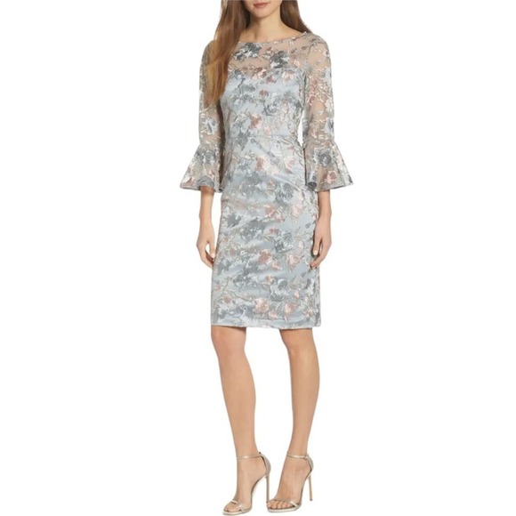 Eliza J Floral Embroidered Sheath Dress 2 Gray Pink  Bell Sleeves Floral Womens - Picture 2 of 13